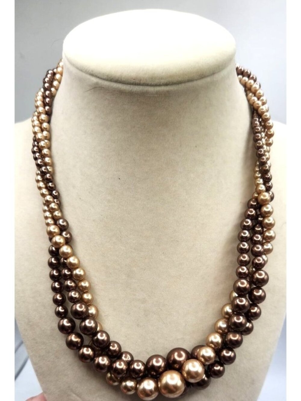 Vintage Multistrand Faux Pearl Necklace With Gold- Brown & Cream Beads